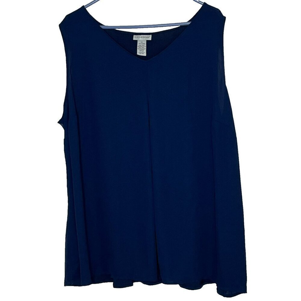 Catherines 2X Top V Neck Pleat Front Sleeveless Sheer Lightweight Navy